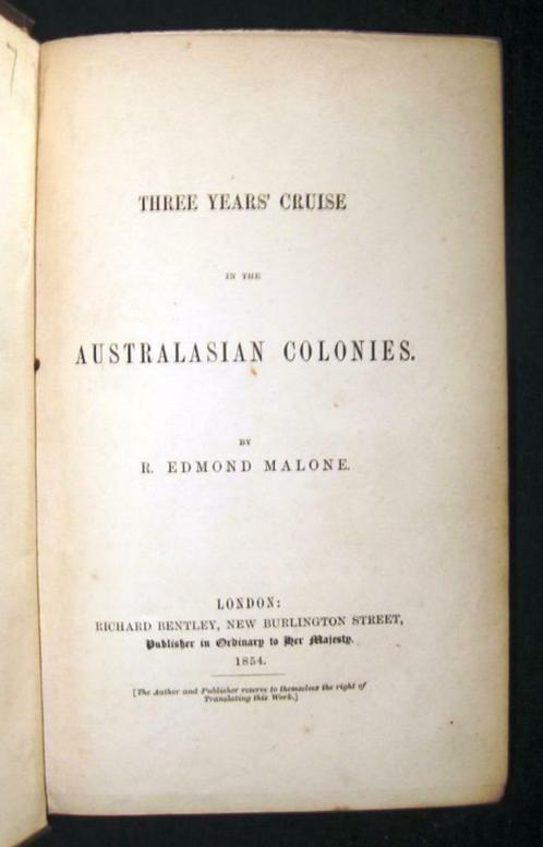 Three Years Cruise in the Australasian Colonies 1854 Malone, Antiek en Kunst, Antiek | Boeken en Manuscripten, Ophalen of Verzenden