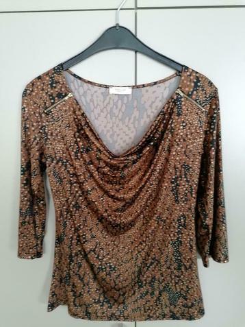 Blouse/shirt bruin-zwart-goud met driekwartmouw, Enlèvement ou Envoi, Autres couleurs, Taille 36 (S), Comme neuf