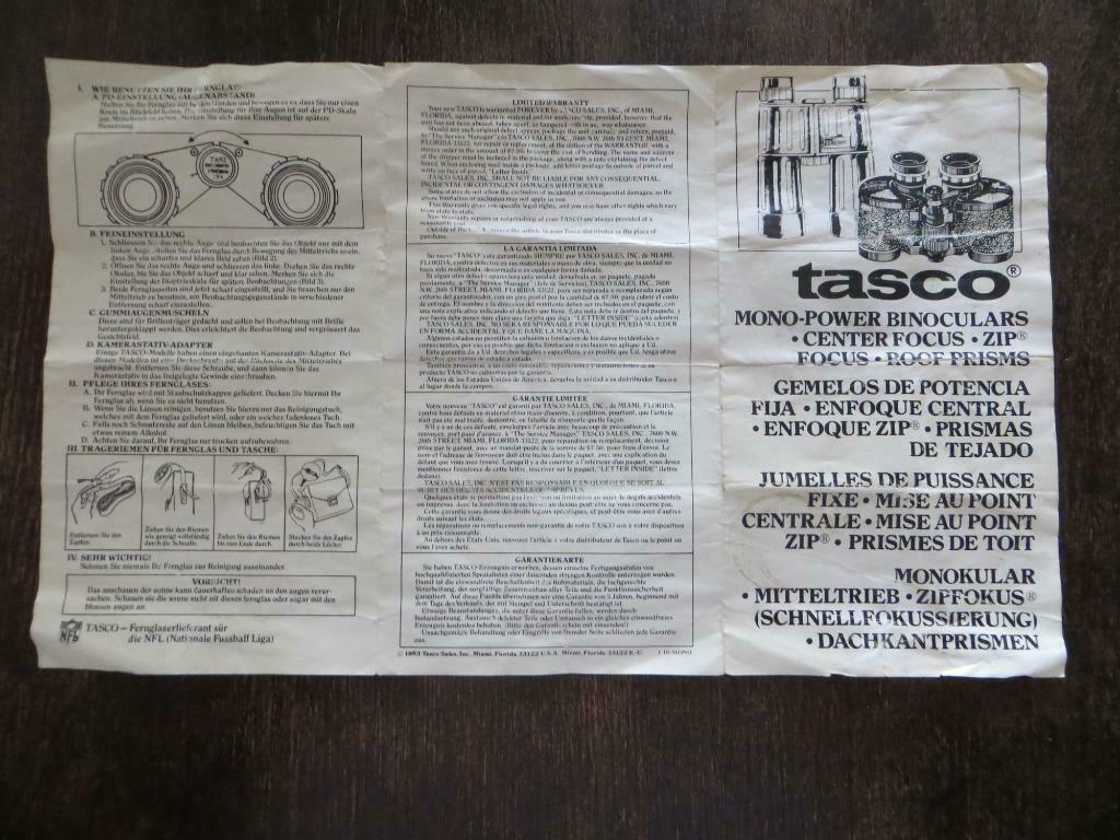 Originele handleiding verrekijker  TASCO  7 x 42 uit 1983, Audio, Tv en Foto, Optische apparatuur | Verrekijkers, Zo goed als nieuw