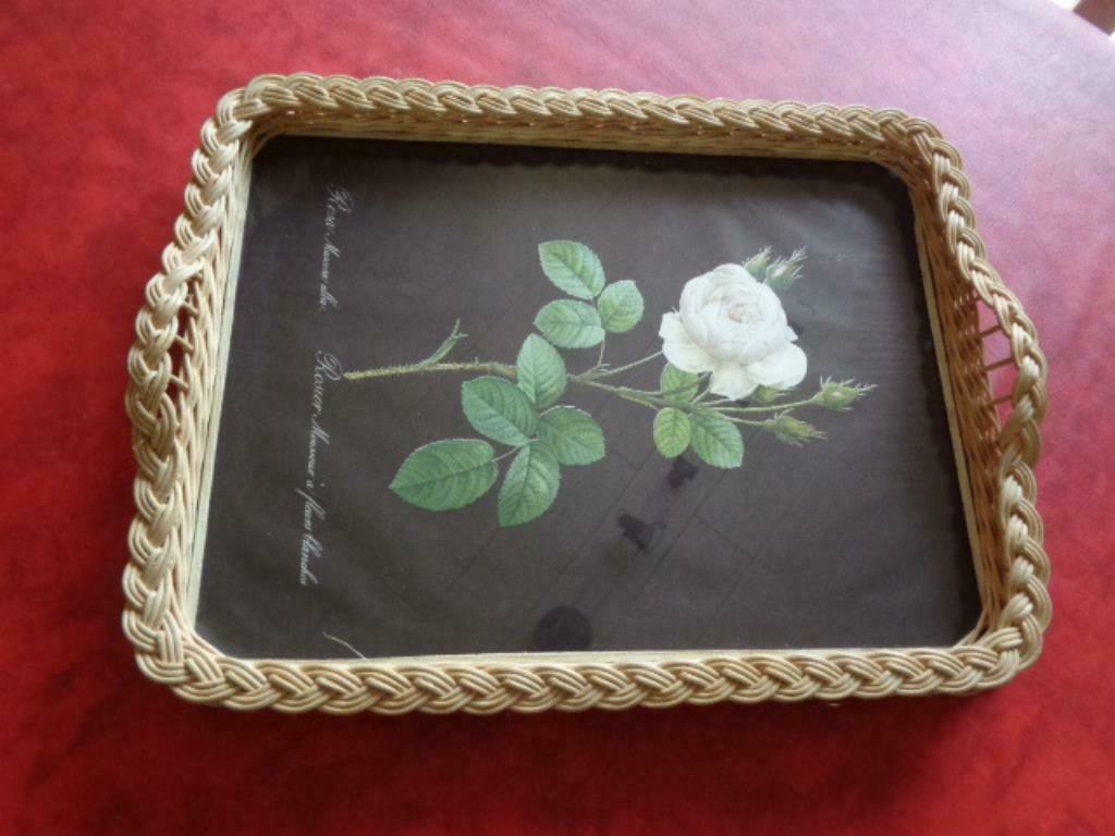 Plateau de service. Osier / verre. Vintage, Enlèvement ou Envoi, Utilisé, Rectangulaire