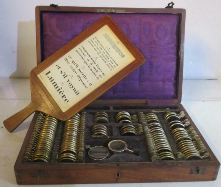 antieke optiekersset in mahonie box met leesset, Antiek en Kunst, Curiosa en Brocante, Verzenden