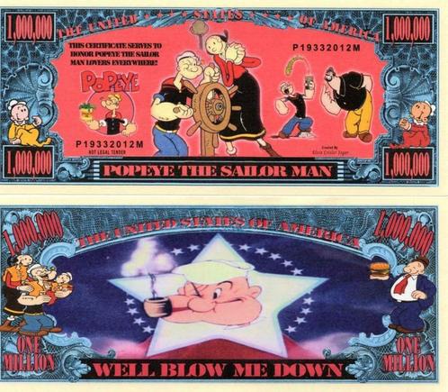 USA 1 Million $ bankbiljet/banknote 'Popey the Sailor Man', Postzegels en Munten, Bankbiljetten | Amerika, Los biljet, Noord-Amerika