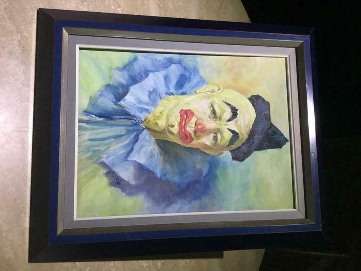 Peinture à l'huile "Le Clown triste" avec un très bel encadr, Antiek en Kunst, Kunst | Schilderijen | Klassiek, Ophalen of Verzenden