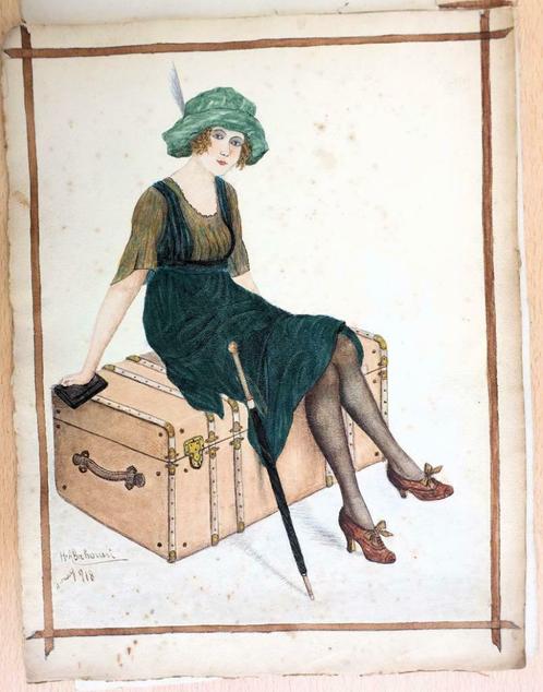 A375 H. ABAHOUNI 1918 Dame zittend op hutkoffer, Antiek en Kunst, Kunst | Tekeningen en Fotografie, Ophalen of Verzenden