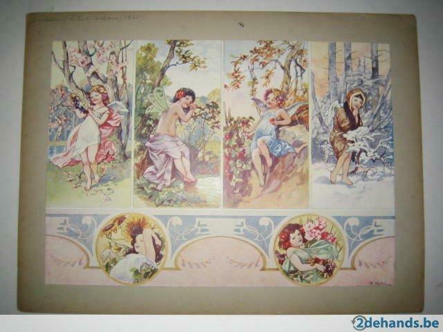 Art Nouveau prenten van muurschilderingen, Antiek en Kunst, Kunst | Etsen en Gravures, Ophalen