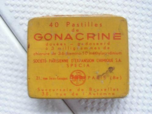 Ancienne boîte en étain "Gonacrine"., Collections, Boîte en métal, Utilisé, Autre, Enlèvement ou Envoi