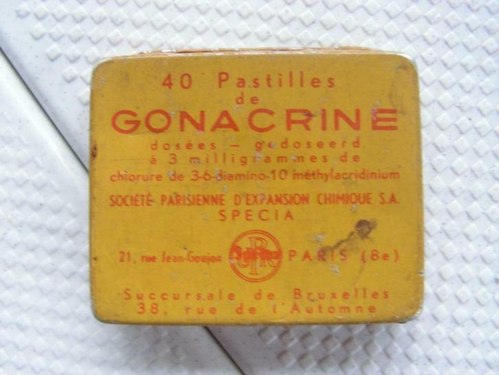 Antieke blikken doosje “Gonacrine”., Verzamelen, Blikken, Gebruikt, Overige, Ophalen of Verzenden