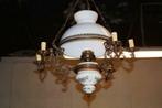 Grote antieke hanglamp in koper en glazen kap, Antiek en Kunst, Ophalen
