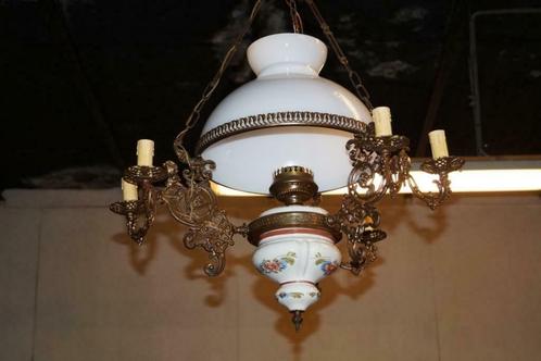 Grote antieke hanglamp in koper en glazen kap, Antiek en Kunst, Antiek | Verlichting, Ophalen