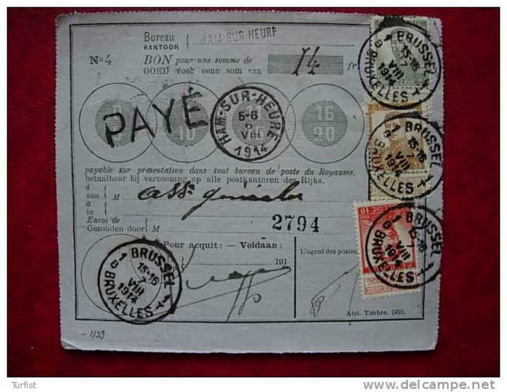 Betaalbon ham sur heure >BXL 7-8-14 zegels 113-115-123, Enlèvement ou Envoi, Affranchi, Oblitéré