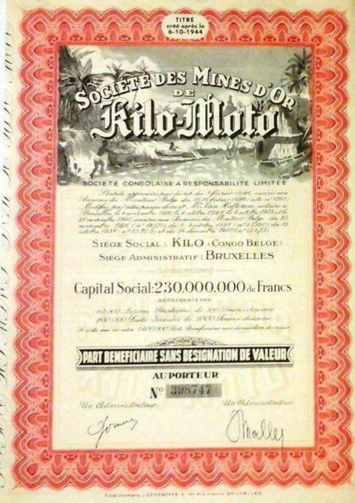 Titre du Congo Belge de la " Société Mine d'Or Kilo Moto ", Collections, Revues, Journaux & Coupures, 1940 à 1960, Enlèvement ou Envoi