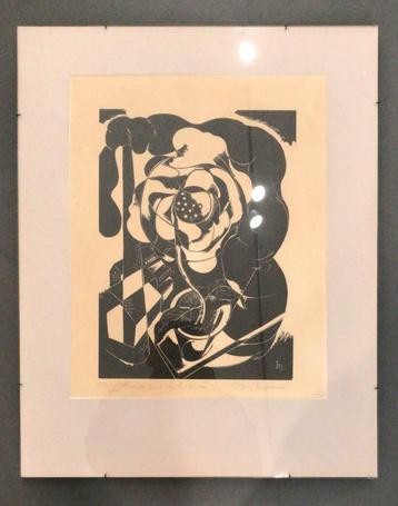 Joris MINNE gravure - houtsnede "Zwarte rook en witte bloem"