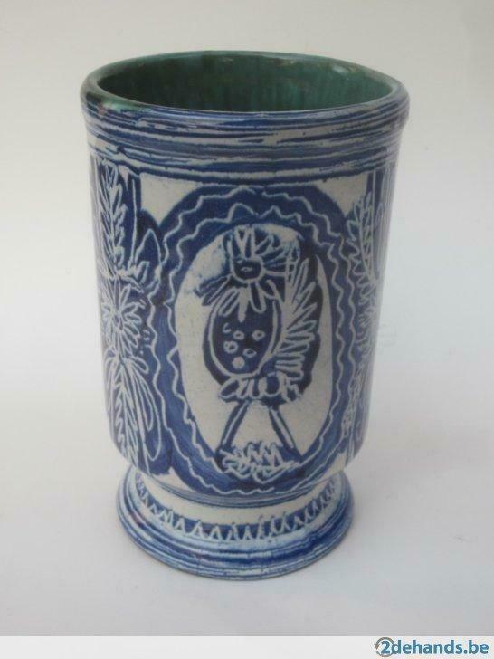 Leuke retro vaas - keramiek - decor met vogels - jaren 60/70, Antiek en Kunst, Curiosa en Brocante, Ophalen of Verzenden