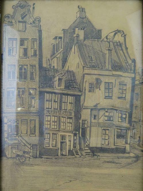 Antieke tekening Oudenkerksplein Tekening Oudekerksplein '34, Antiek en Kunst, Kunst | Tekeningen en Fotografie, Ophalen of Verzenden
