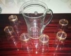 Glazen kan + 6 glazen met gouden rand., Verzamelen, Glas en Drinkglazen, Overige typen, Gebruikt, Ophalen