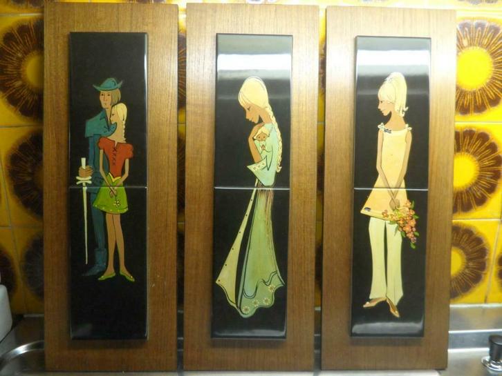 3 vintage plinten met tekening op hout, Antiek en Kunst, Curiosa en Brocante, Ophalen of Verzenden