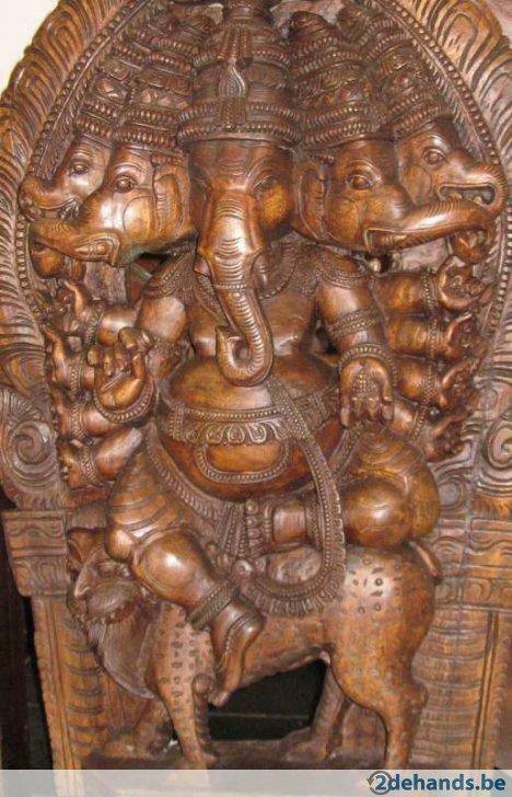 Ganesha met 5 hoofden op een leeuw in hout ca. 155 cm, Antiek en Kunst, Kunst | Beelden en Houtsnijwerken, Ophalen of Verzenden