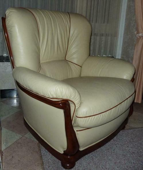 Prachtige ecru-wit Lederen zetel, Huis en Inrichting, Fauteuils, Zo goed als nieuw, Hout, Leer, 75 tot 100 cm, 100 tot 125 cm