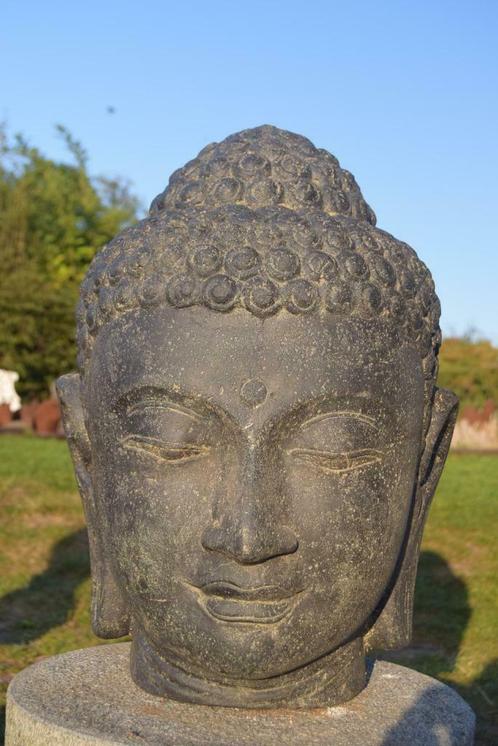 Tête de bouddha en pierre patinée (hauteur 50 cm), Jardin & Terrasse, Statues de jardin, Neuf, Bouddha, Pierre, Enlèvement