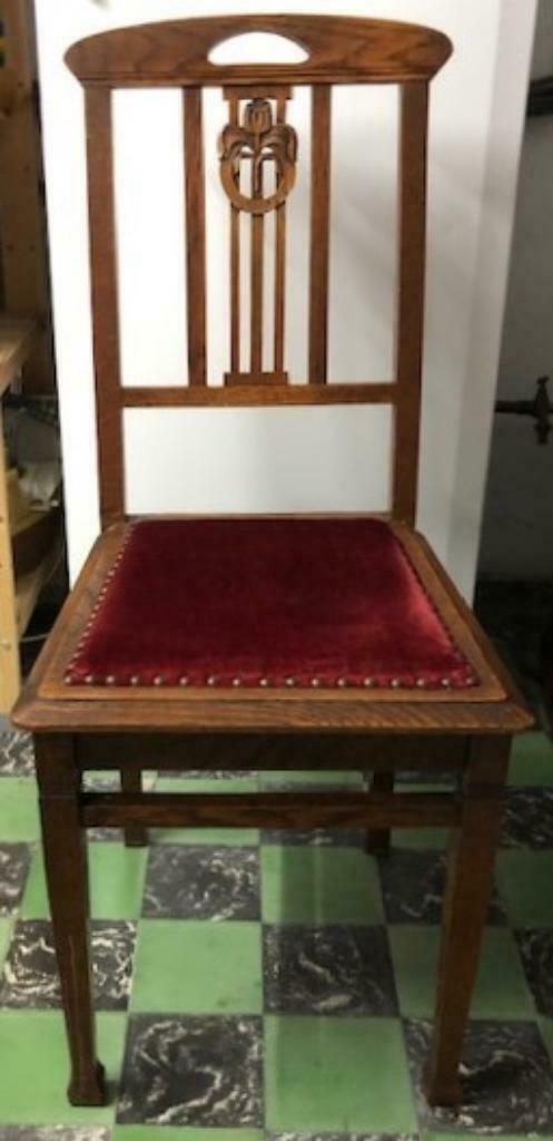 4 eiken stoelen met fluwelen zitting, Huis en Inrichting, Stoelen, Gebruikt, Vier, Hout, Ophalen