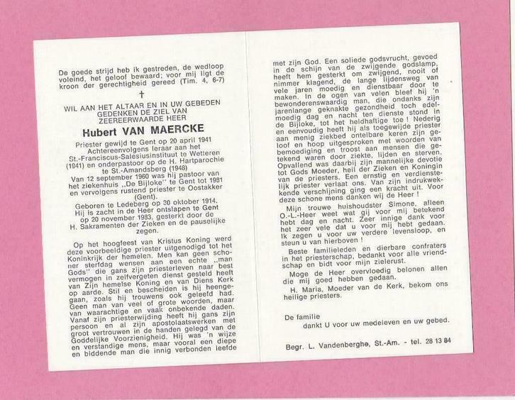 DP Priester Hubert Van Maercke, Verzamelen, Bidprentjes en Rouwkaarten, Bidprentje, Verzenden