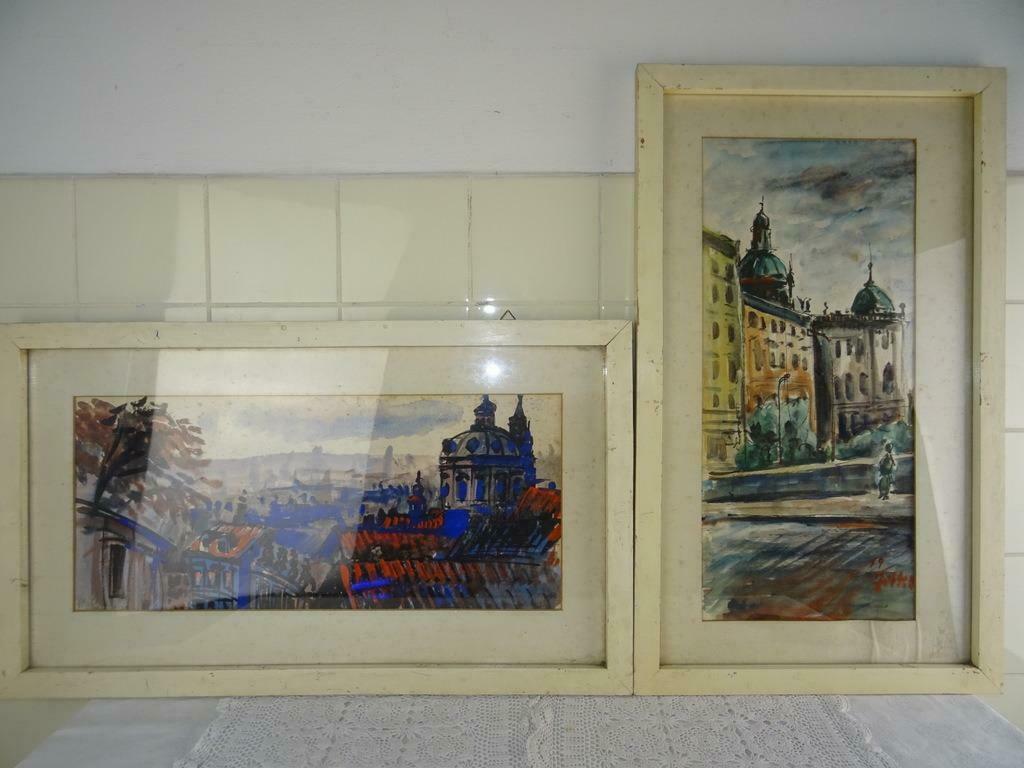 Aquarelle antique dans le cadre 2x Peinture antique art curi, Enlèvement ou Envoi