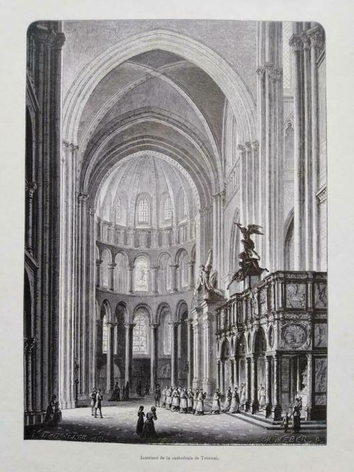 1880 - Tournai - Intérieur de la Cathédrale, Antiek en Kunst, Kunst | Etsen en Gravures, Verzenden