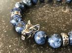 Armband voor mannen uit natuursteen (10 mm) met wolf in RVS, Staal, Blauw, Nieuw, Ophalen of Verzenden
