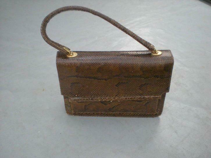 Vintage Handtas (slangenleder) jaren'70, Handtassen en Accessoires, Tassen | Damestassen, Gebruikt, Bruin, Ophalen