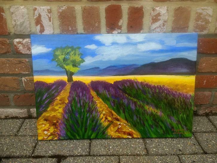 Lavendelveld met boom, Antiek en Kunst, Kunst | Schilderijen | Modern, Ophalen of Verzenden