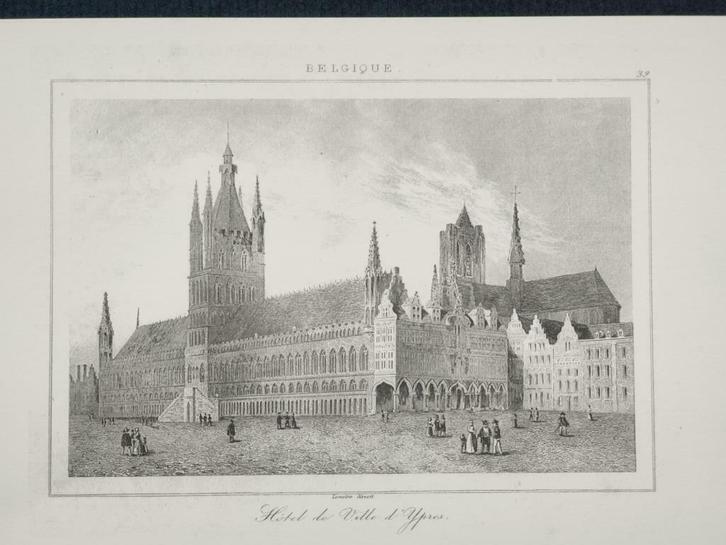 3 gravures Hôtel de Ville & Les Halles D'Ypres : stad Ieper., Antiek en Kunst, Kunst | Etsen en Gravures, Ophalen of Verzenden