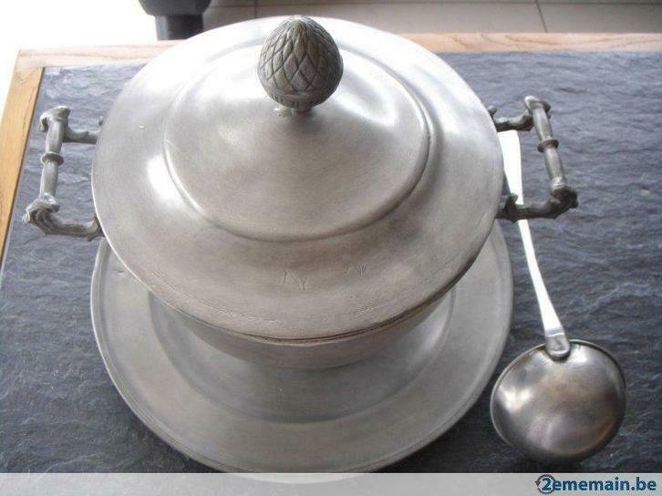 Soupière en étain 94% Geerinco + Plat 90% + Louche 94%, 70's, Antiquités & Art, Curiosités & Brocante, Enlèvement ou Envoi