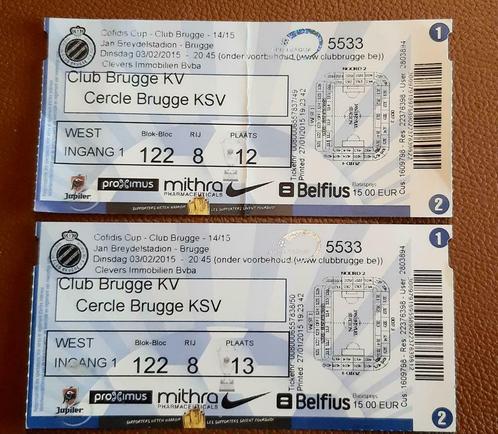 2 tickets Club Brugge  - Cercle Brugge 03/02/2015, Collections, Articles de Sport & Football, Utilisé, Autres types, Enlèvement ou Envoi