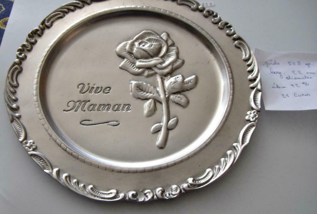 Assiette en étain (92%) : "Vive maman" + rose ouverte, Ophalen of Verzenden, Nieuw
