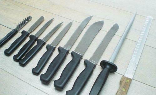 Set 9 couteaux professionnels + 1 tige à aiguiser, Maison & Meubles, Cuisine | Couverts, Utilisé, Inox ou Chrome, Résiste au lave-vaisselle