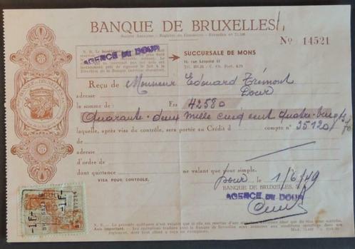 Banque de Bruxelles Quittance bancaire 1949 (Agence de Dour), Timbres & Monnaies, Monnaies & Billets de banque | Collections, Enlèvement ou Envoi