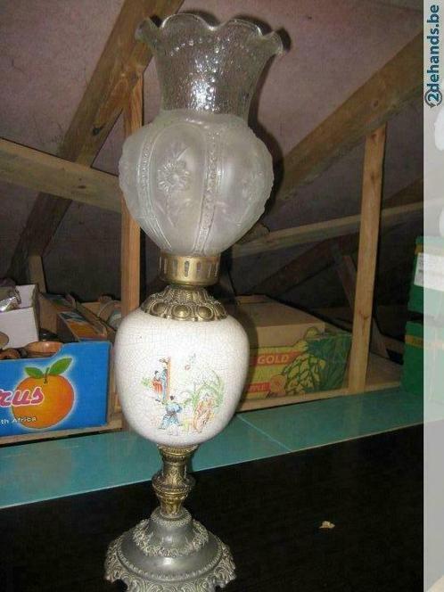 Antieke Vaaslamp in porselein op koperen voetstuk, Antiek en Kunst, Antiek | Brons en Koper, Ophalen of Verzenden