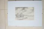 Potloodtekening landschap hooimijten, Antiek en Kunst, Kunst | Schilderijen | Klassiek, Ophalen of Verzenden