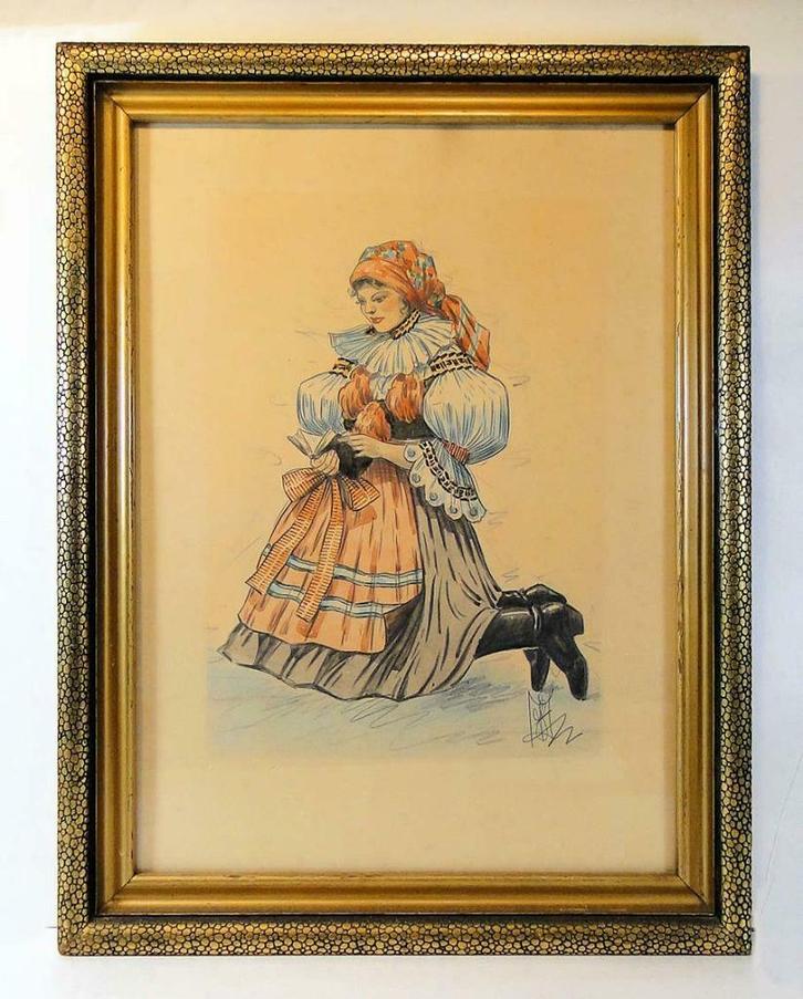 tekening:  Knielend en biddend meisje, Antiek en Kunst, Kunst | Tekeningen en Fotografie, Ophalen of Verzenden