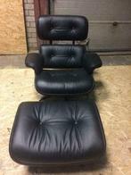 Black rundleer eames loungechair + voetenbank set., Tuin en Terras, Nieuw, Hocker, Ophalen of Verzenden, Hout