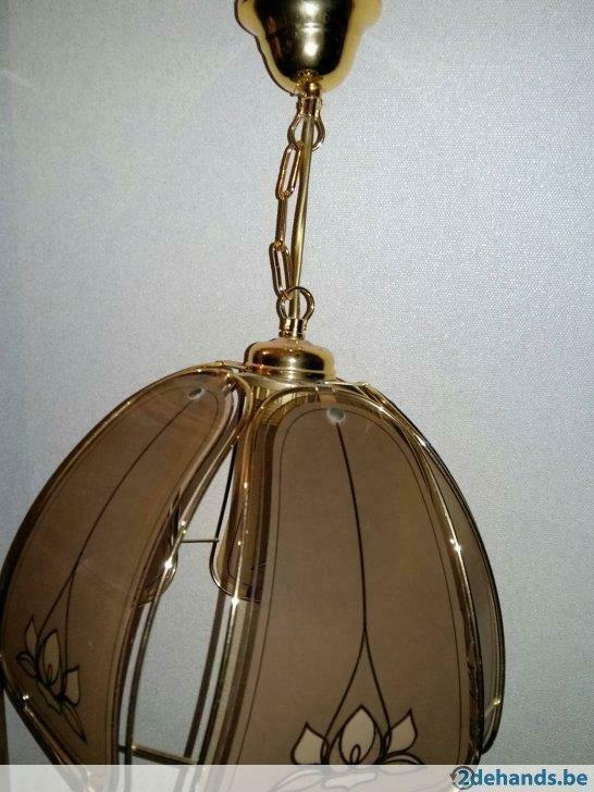 Glazen vintage lamp in goudkleur met motieven diameter 30 cm, Huis en Inrichting, Lampen | Hanglampen, Gebruikt, 50 tot 75 cm