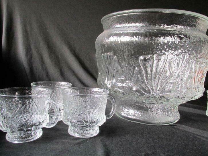 Vintage glazen punchbowl, met 6 kopjes, Antiek en Kunst, Curiosa en Brocante, Ophalen