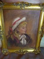 vintage schilderijtje J. Delvaux  70er jaren meisje met hoed, Ophalen of Verzenden, Huis en Inrichting