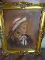 vintage schilderijtje J. Delvaux  70er jaren meisje met hoed, Maison et Meubles, Enlèvement ou Envoi