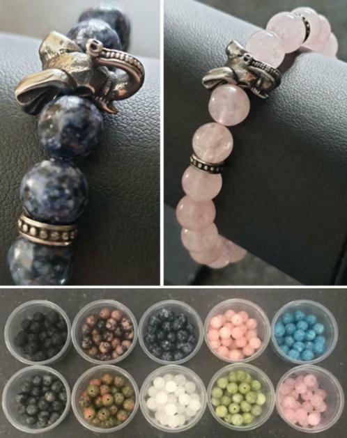Knappe armband uit natuursteen (8 mm) met olifant in RVS, Handtassen en Accessoires, Armbanden, Nieuw, Staal, Overige kleuren