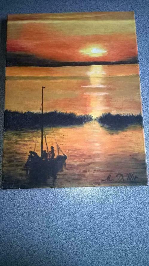 schilderij met boot en zonsondergang, Huis en Inrichting, Woonaccessoires | Schilderijen, Tekeningen en Foto's, Zo goed als nieuw