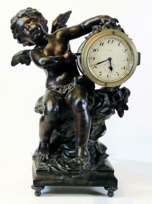 Brons * L & F Moreau * klok met putti / engeltje, Antiek en Kunst, Antiek | Klokken, Ophalen of Verzenden