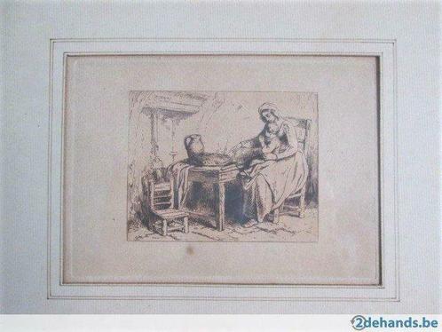 gravure van moeder en kind, Charles-Emile Jacque, +/- 1880, Antiek en Kunst, Kunst | Etsen en Gravures