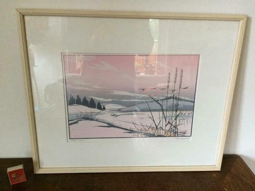 Jaren 80 kunst Silent Valley roze strak vlak winterlandschap, Huis en Inrichting, Woonaccessoires | Schilderijen, Tekeningen en Foto's