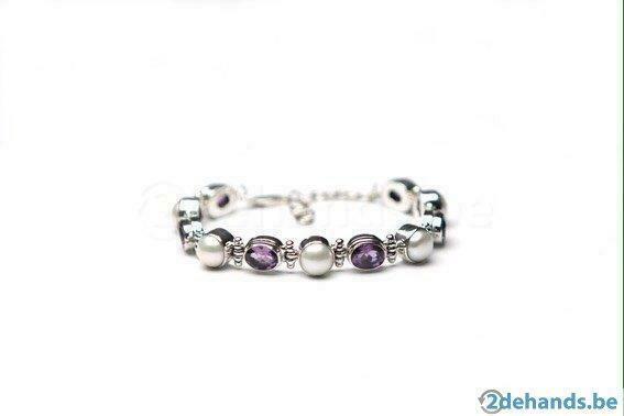 Zilveren armband 925 bezet met parels en atmathist, Handtassen en Accessoires, Armbanden, Nieuw, Zilver